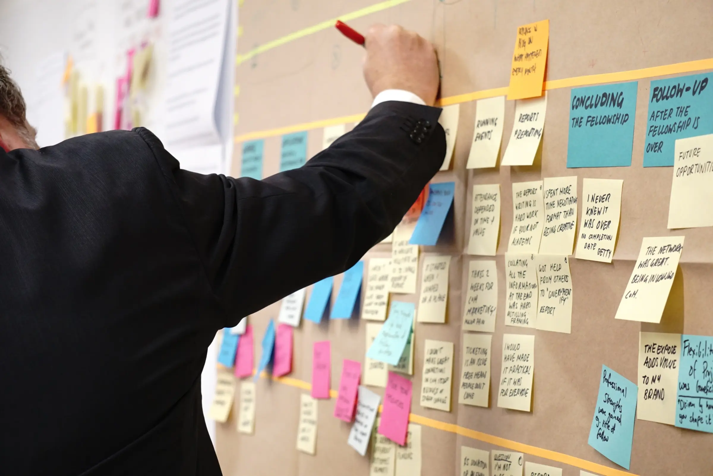 Persona che scrive su dei post it attaccati a una lavagna