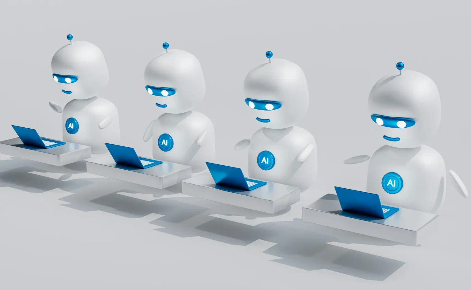 5 robot in fila che lavorano su dei computer