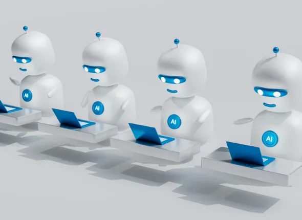 5 robot in fila che lavorano su dei computer